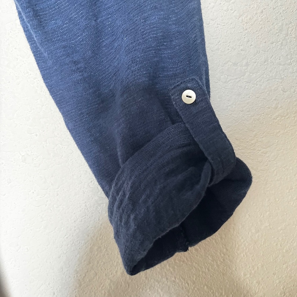 J. Jill Striped Linen Cotton Henley Hoodie Navy White Roll Tab Sleeve Small - Picture 8 of 14